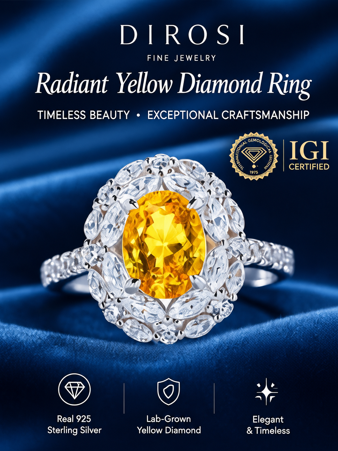 DIROSI Classic & Fashionable Oval Lab-Grown Yellow Diamond Halo Ring, S925 Sterling Silver, IGI Certified, Gift for Girlfriend & Mom