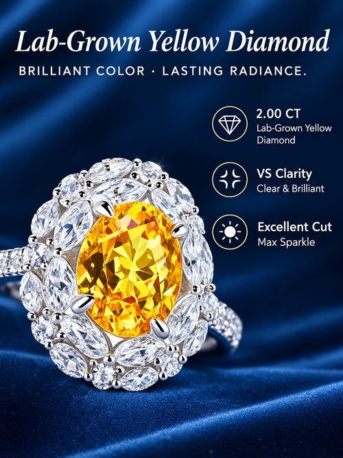 IGIL Classic & Fashionable Oval Lab-Grown Yellow Diamond Halo Ring, S925 Sterling Silver, IGI Certified, Gift for Girlfriend & Mom