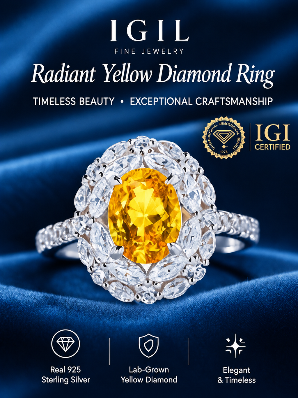 IGIL Classic & Fashionable Oval Lab-Grown Yellow Diamond Halo Ring, S925 Sterling Silver, IGI Certified, Gift for Girlfriend & Mom