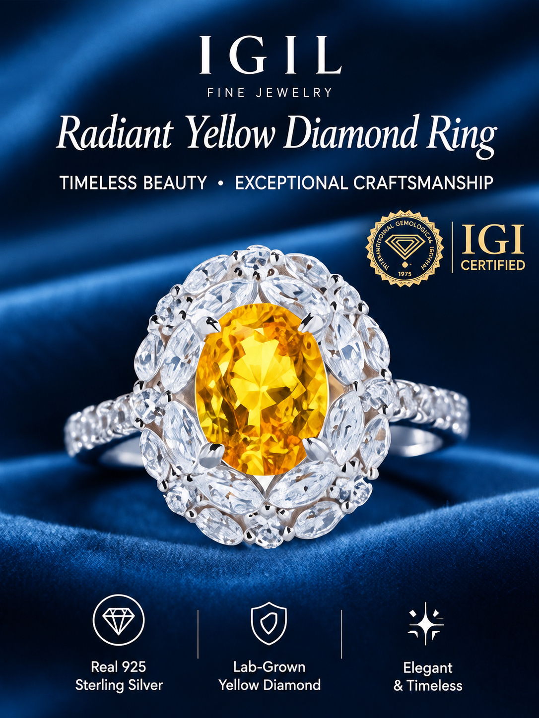 IGIL Classic & Fashionable Oval Lab-Grown Yellow Diamond Halo Ring, S925 Sterling Silver, IGI Certified, Gift for Girlfriend & Mom