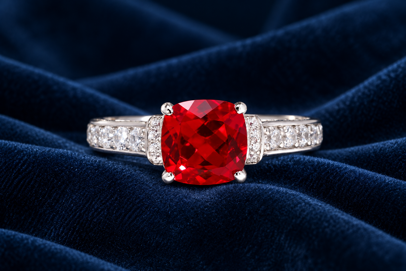 Red cushion gemstone ring on navy velvet — editorial image